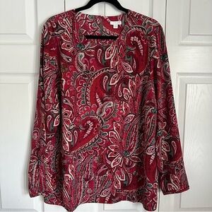J Jill Blouse Womens L Red Paisley Long Sleeve Button Cuff Boho Floral Office